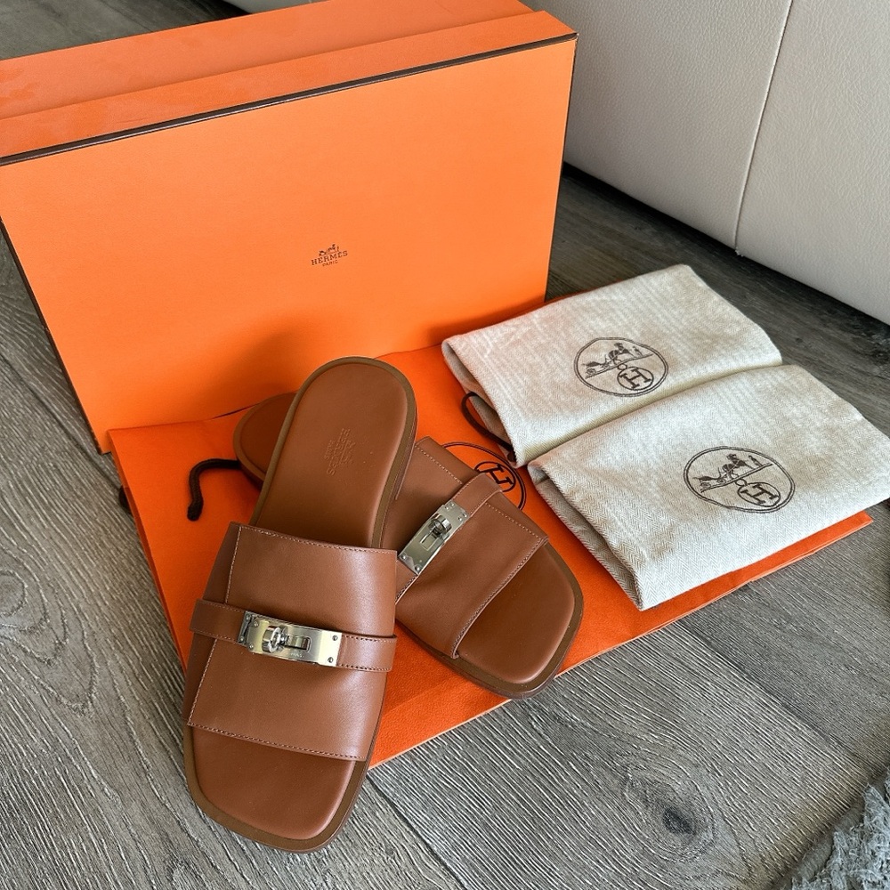 Hermes Men's Gabriel Brown Leather Slide Sandals with Silver Hardware